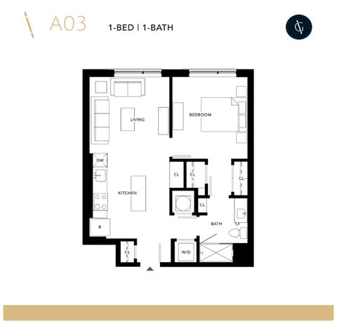 Floor plan for 1 bed, 1 bath, 625 sqft